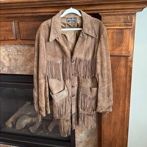 Vintage mens brown suede leather fringe western Yellowstone jacket coat size 38